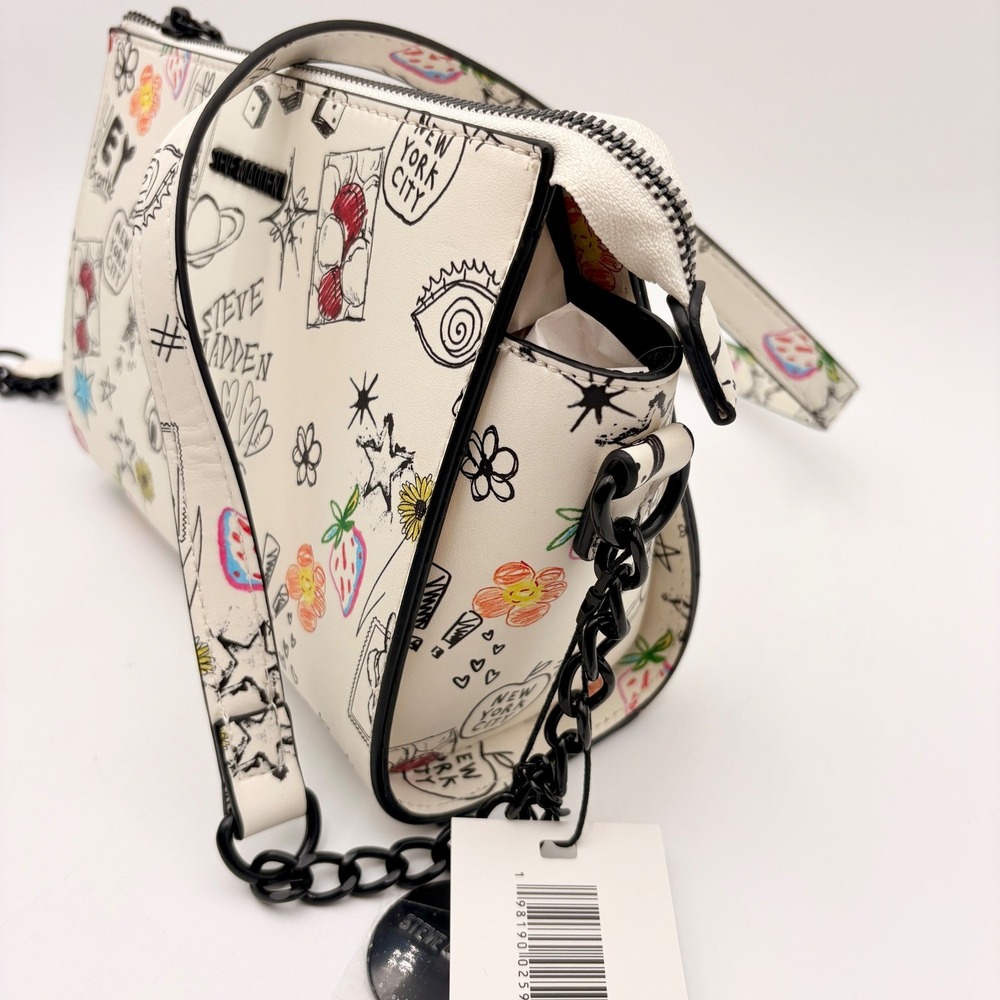 Steve Madden Graffiti Print BLEXI Crossbody Bag White Black Chain Strap Top Zip - Picture 5 of 12